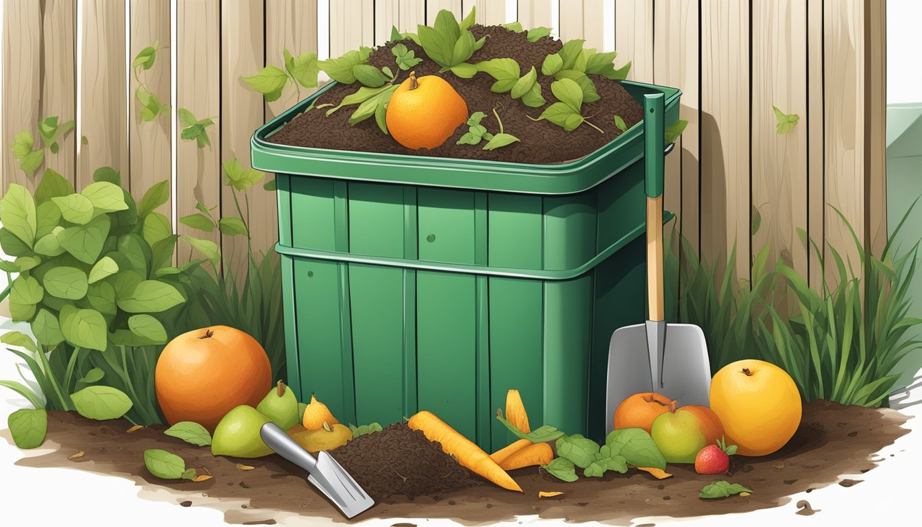 A backyard compost bin surrounded by various organic materials, such as fruit peels, leaves, and grass clippings. A small garden shovel is leaning against the bin