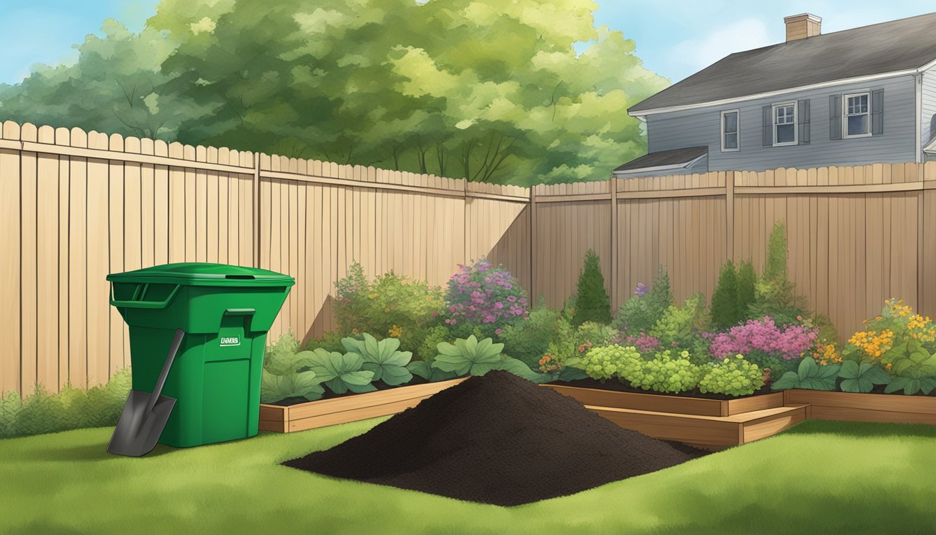 A backyard in Woodbridge, NJ with a compost bin, shovel, and various organic materials being layered inside. The sun is shining, and a small garden is visible in the background