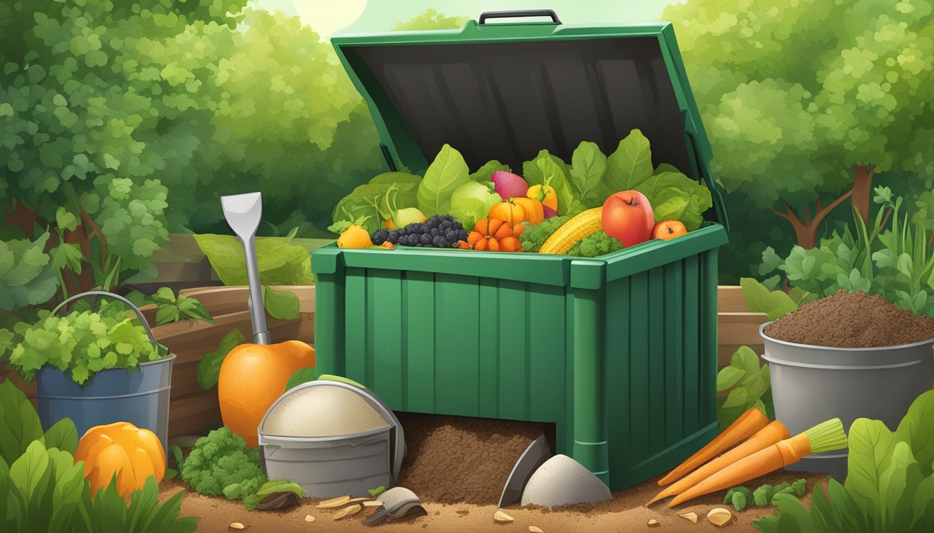 A backyard compost bin surrounded by a variety of organic materials, including fruit and vegetable scraps, leaves, and grass clippings, with a shovel and gardening gloves nearby