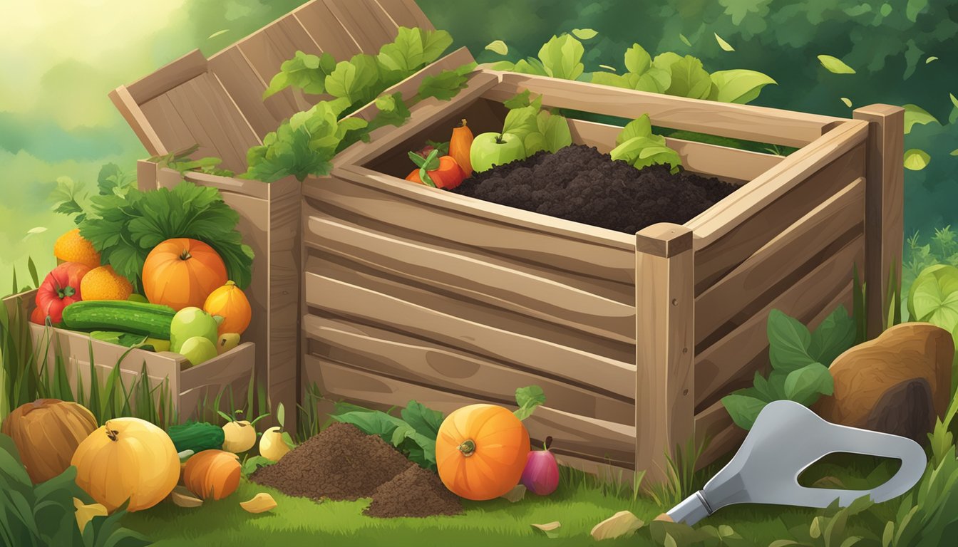 A wooden compost bin surrounded by a variety of organic materials such as fruit and vegetable scraps, leaves, and grass clippings, with a shovel nearby