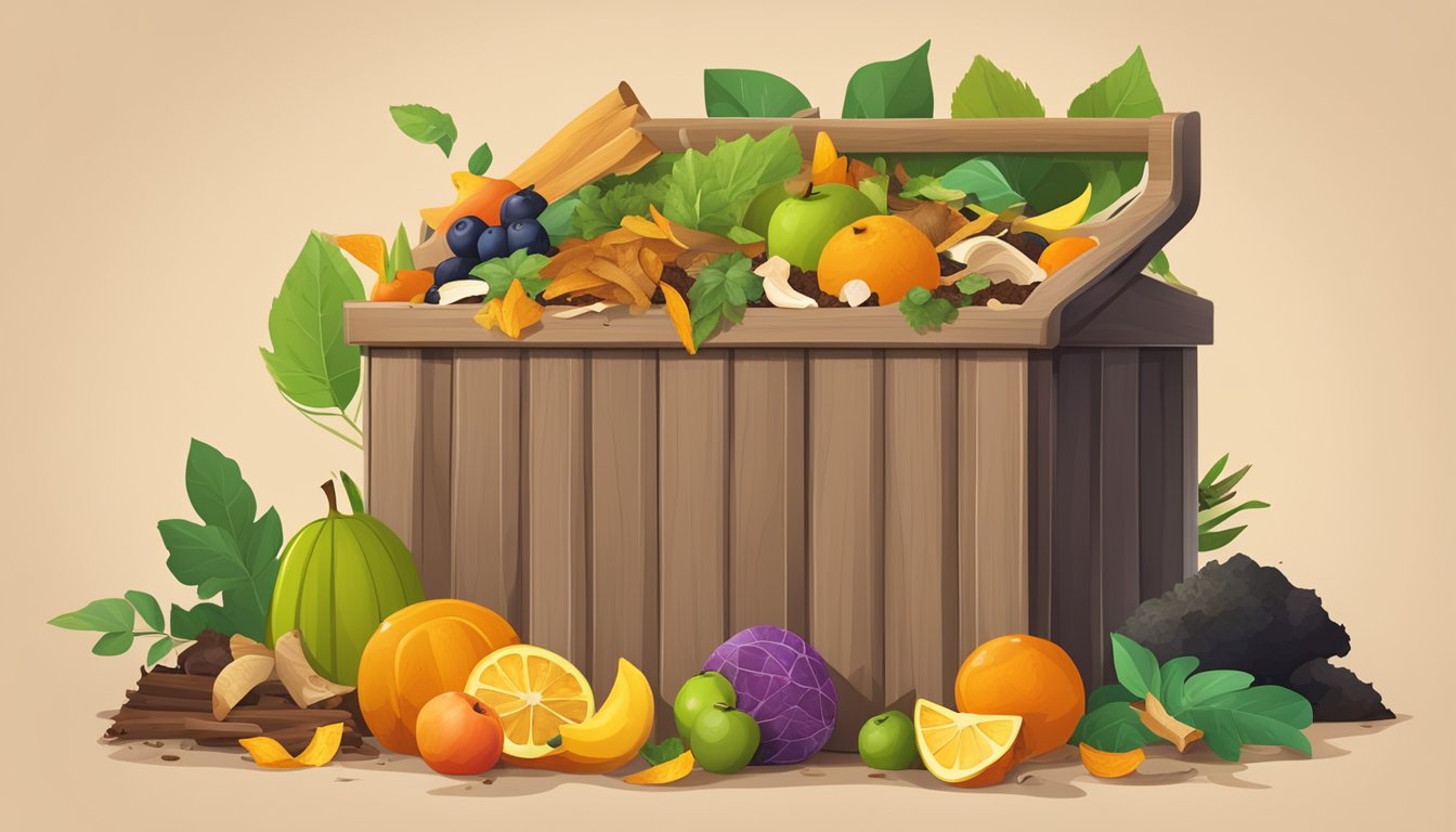 A wooden compost bin surrounded by a variety of organic waste, including fruit peels, vegetable scraps, and dried leaves, with a shovel leaning against the bin