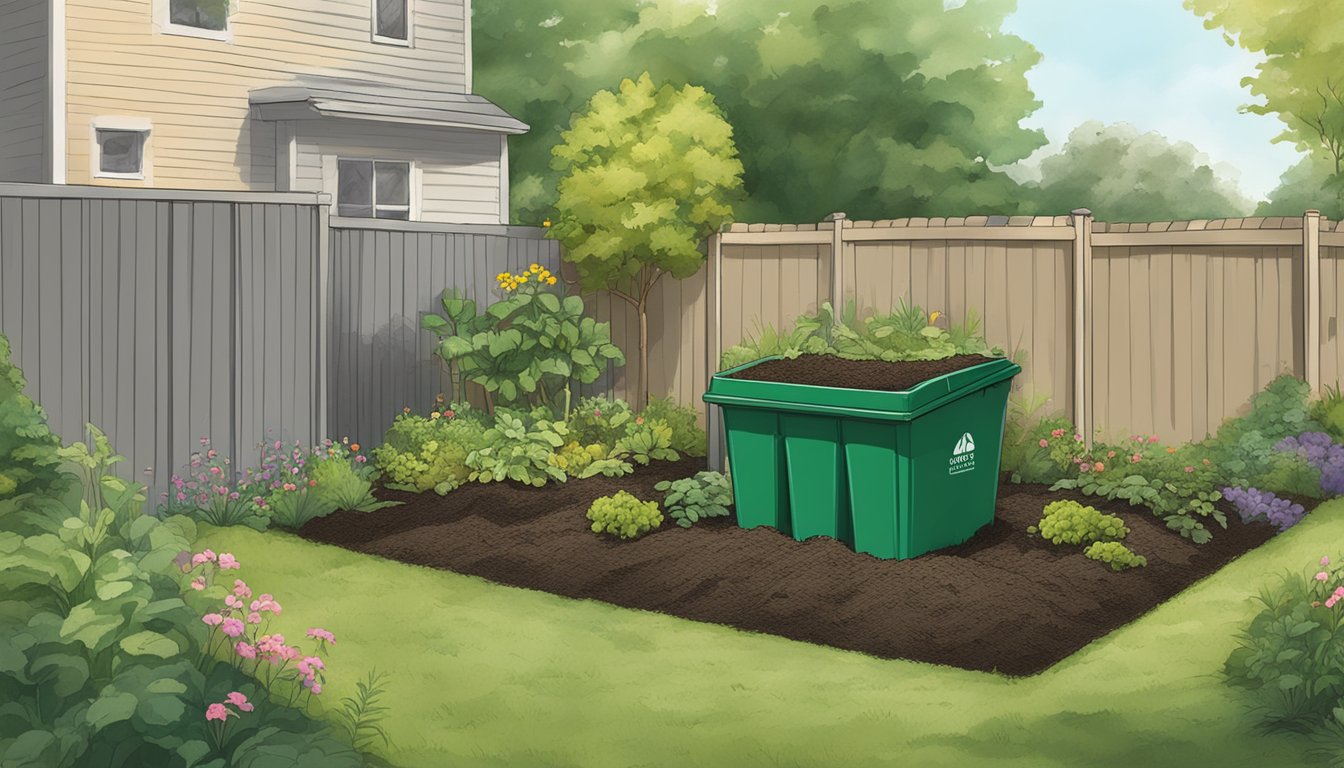 A backyard with a compost bin, a pile of yard waste, and a small garden in Newark, NJ