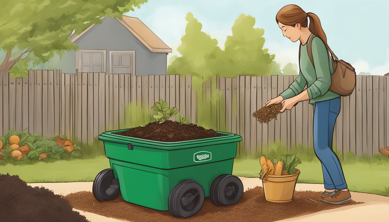 A person adding food scraps and yard waste to a compost bin in a backyard garden