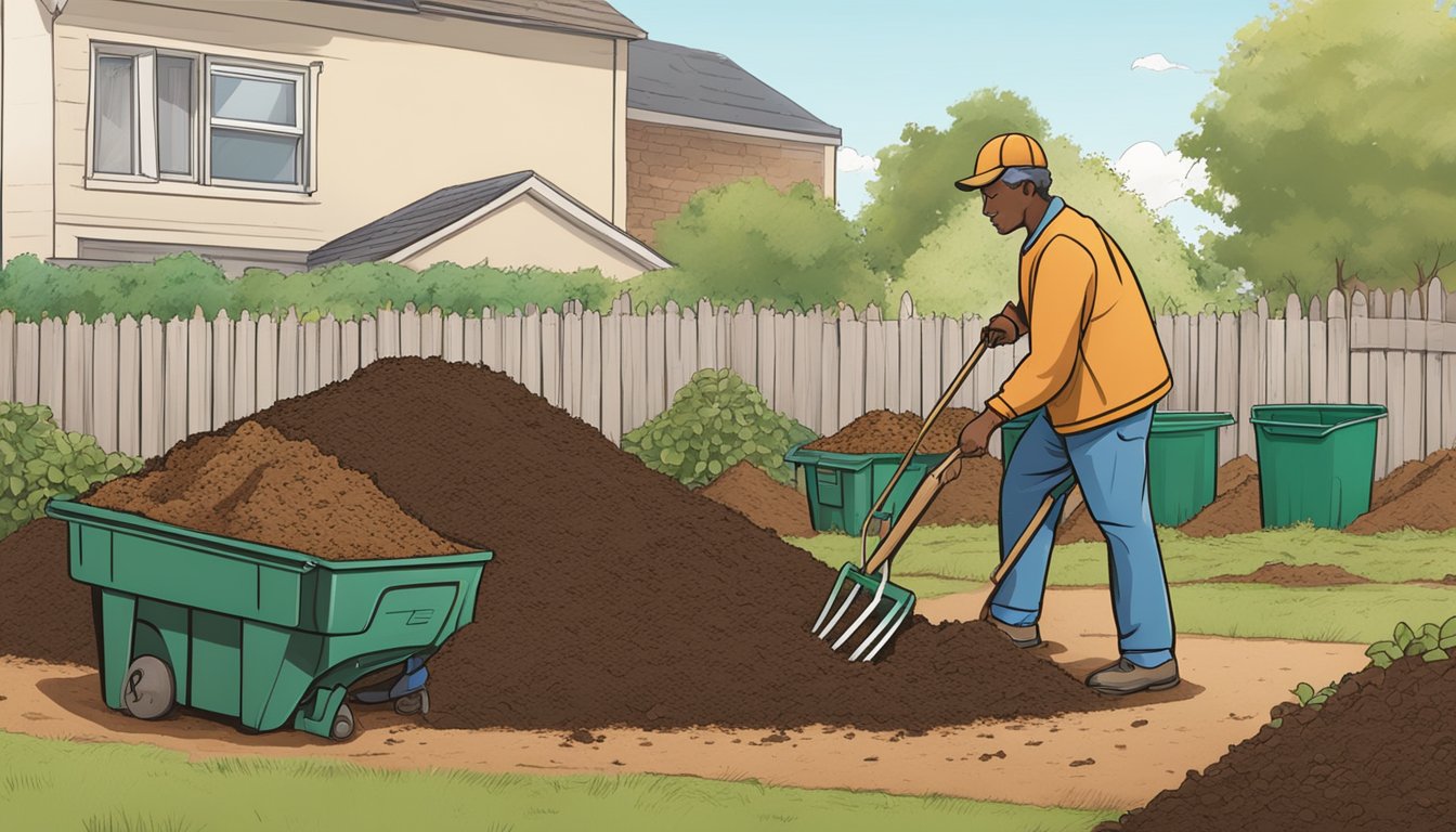 A person turning a compost pile in a backyard with a pitchfork, surrounded by bins and piles of organic waste and soil