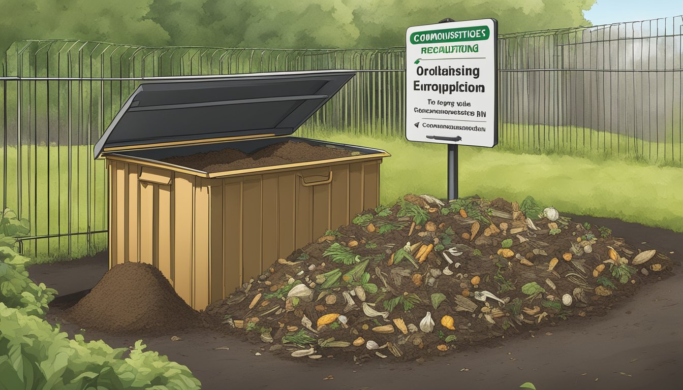 A composting bin surrounded by a variety of organic waste, with a sign displaying the rules and regulations for composting in Woodbridge, NJ