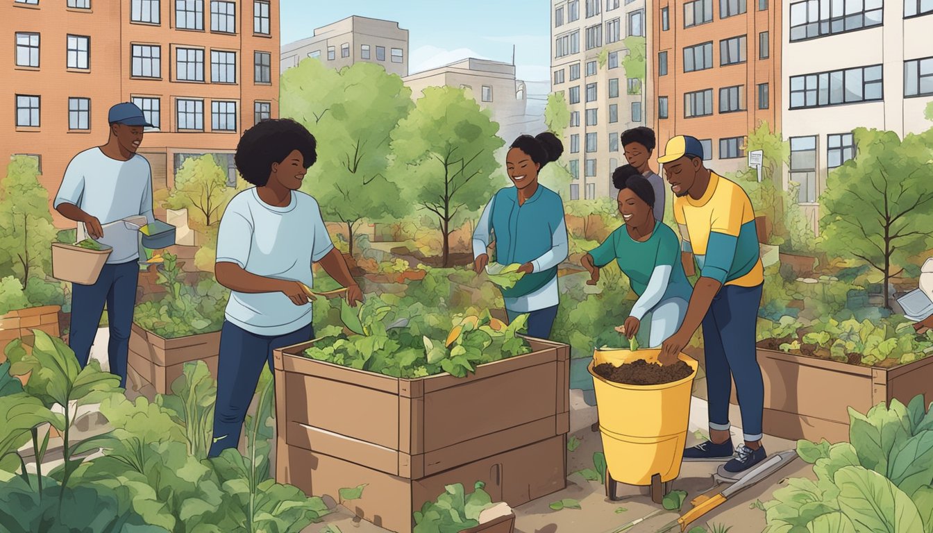 A diverse group of individuals composting in a community garden in Newark, NJ, surrounded by urban buildings and greenery