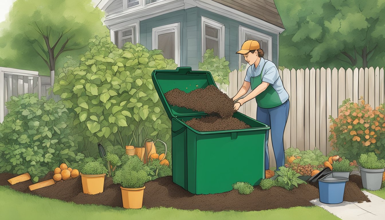 A person adding food scraps and yard waste to a compost bin in a backyard garden in Albany, NY. The bin is surrounded by green plants and a small shovel is nearby