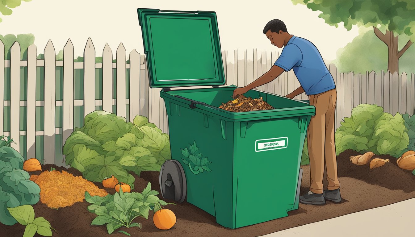 A person placing food scraps and yard waste into a compost bin in a backyard garden in Newark, NJ