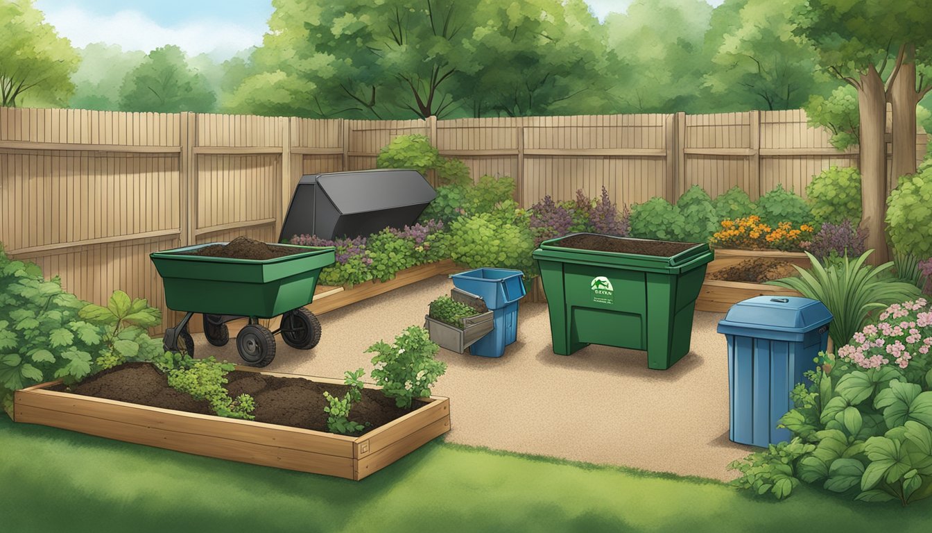 A backyard in Woodbridge, NJ with a composting bin surrounded by lush green plants and a variety of organic waste materials