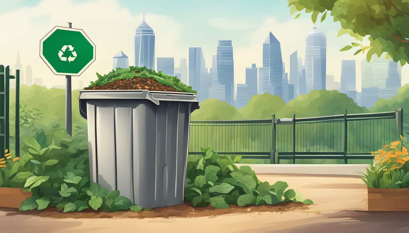 A compost bin surrounded by greenery, with a city skyline in the background. A sign with recycling symbols and environmental regulations posted nearby