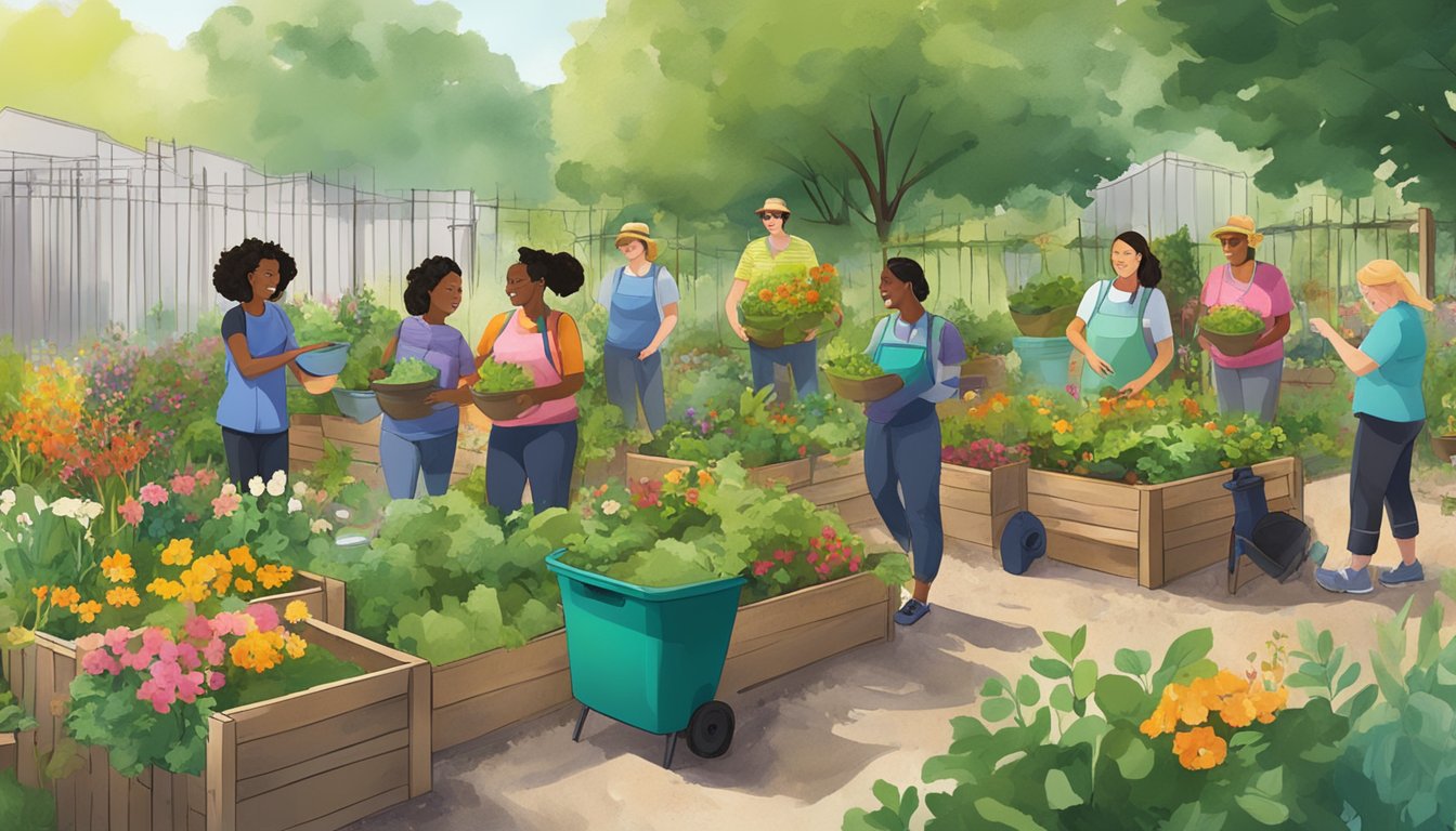 A group of diverse individuals work together to compost in a community garden in Albany, NY, surrounded by lush greenery and colorful flowers