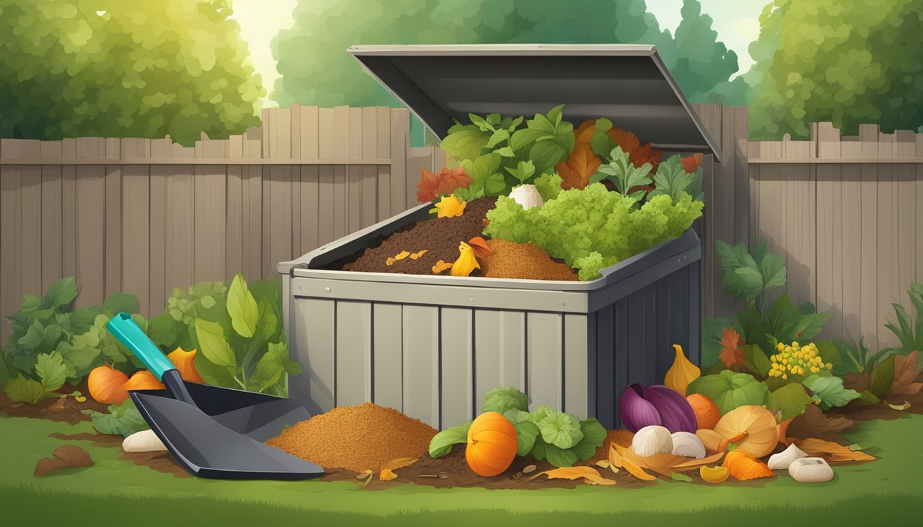 A backyard compost bin surrounded by a variety of organic materials, such as food scraps, leaves, and grass clippings, with a shovel nearby