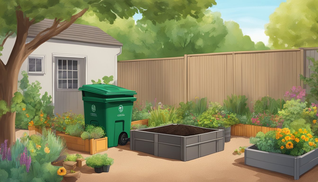 A backyard in Albuquerque with a compost bin, surrounded by various organic waste materials and a thriving garden