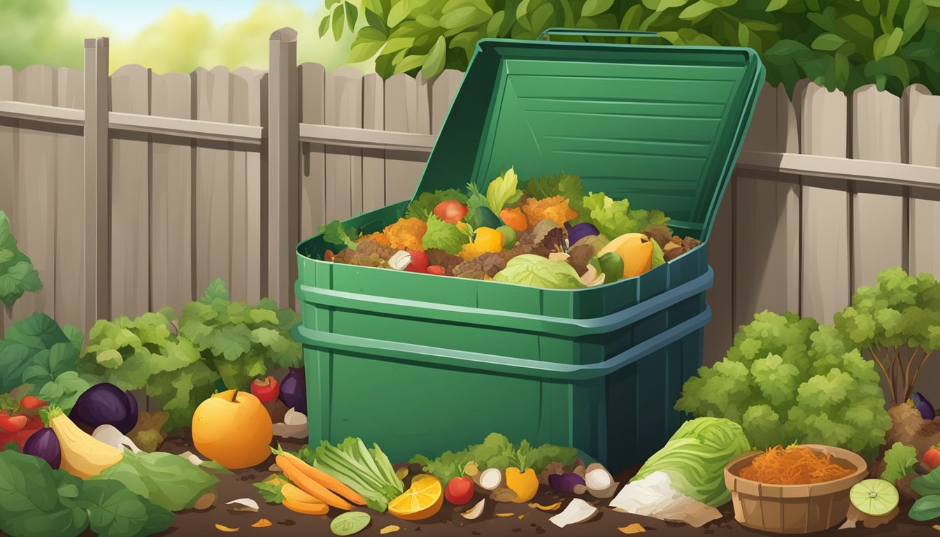 A backyard compost bin surrounded by various types of organic waste, including fruit and vegetable scraps, yard clippings, and shredded paper