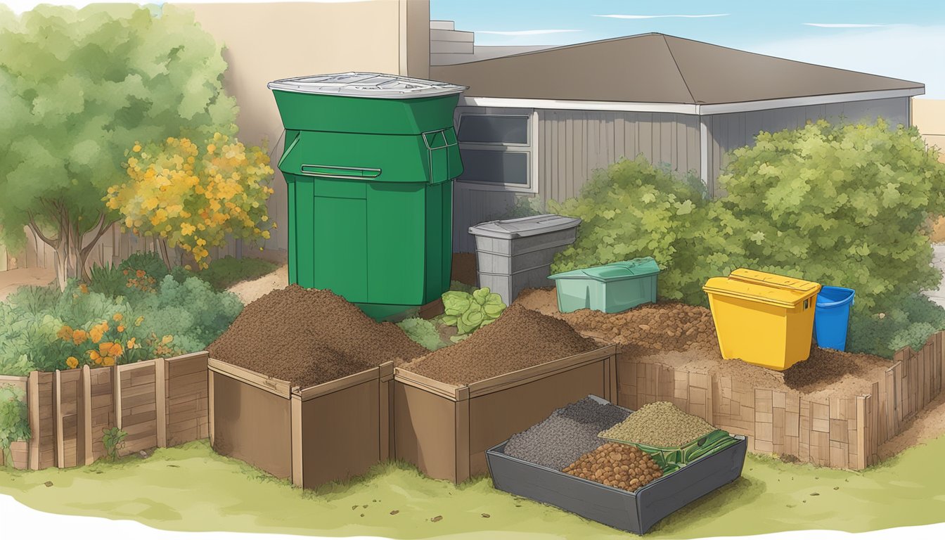 A backyard composting setup with a bin, garden waste, and food scraps in Rio Rancho, NM