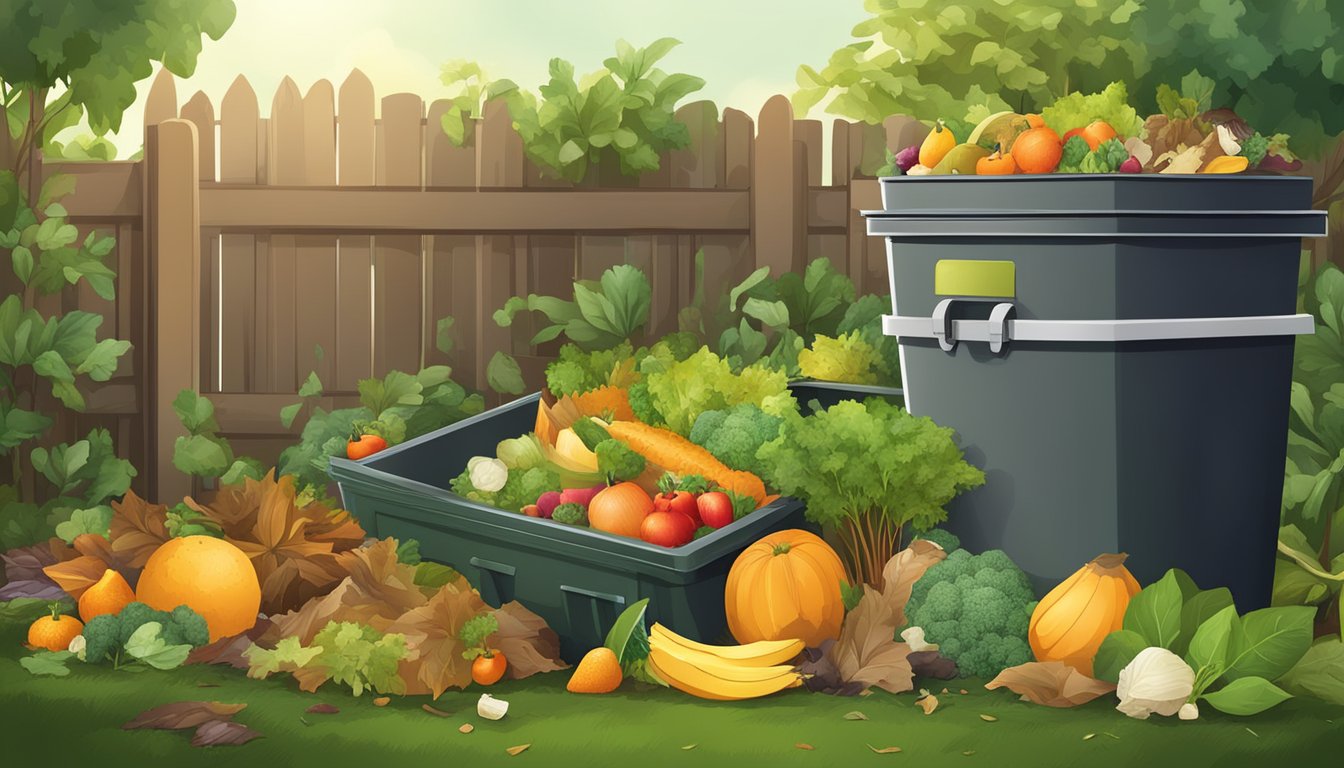 A backyard compost bin surrounded by a variety of organic waste, including fruit and vegetable scraps, leaves, and grass clippings