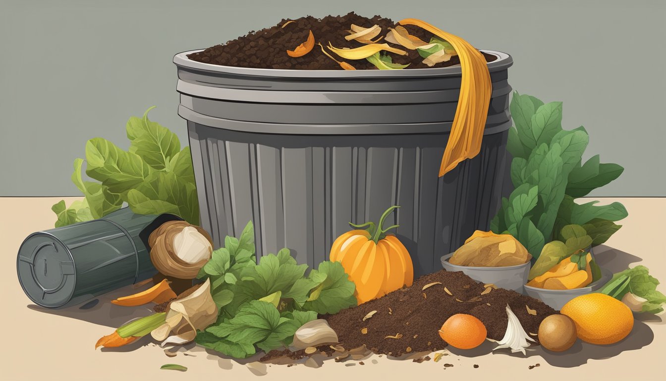 A pile of organic waste including fruit peels, vegetable scraps, coffee grounds, and yard clippings arranged in a compost bin