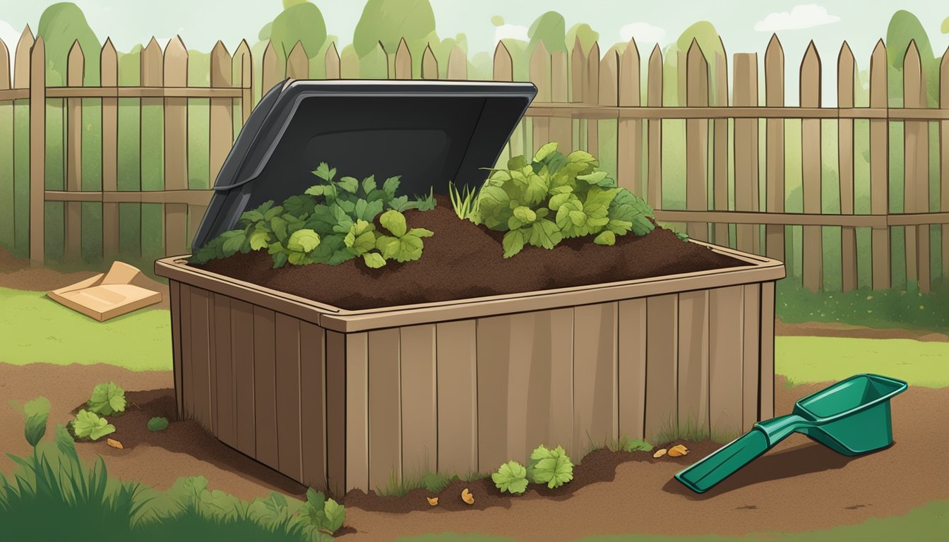 A backyard compost bin surrounded by a mix of green and brown organic waste, with a shovel and gardening gloves nearby