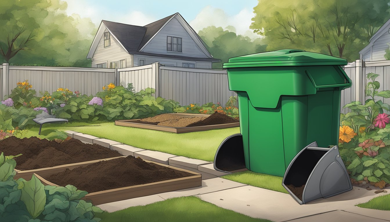 A backyard in Rochester, NY with a compost bin, shovel, and various organic waste materials scattered around. A small garden is visible in the background