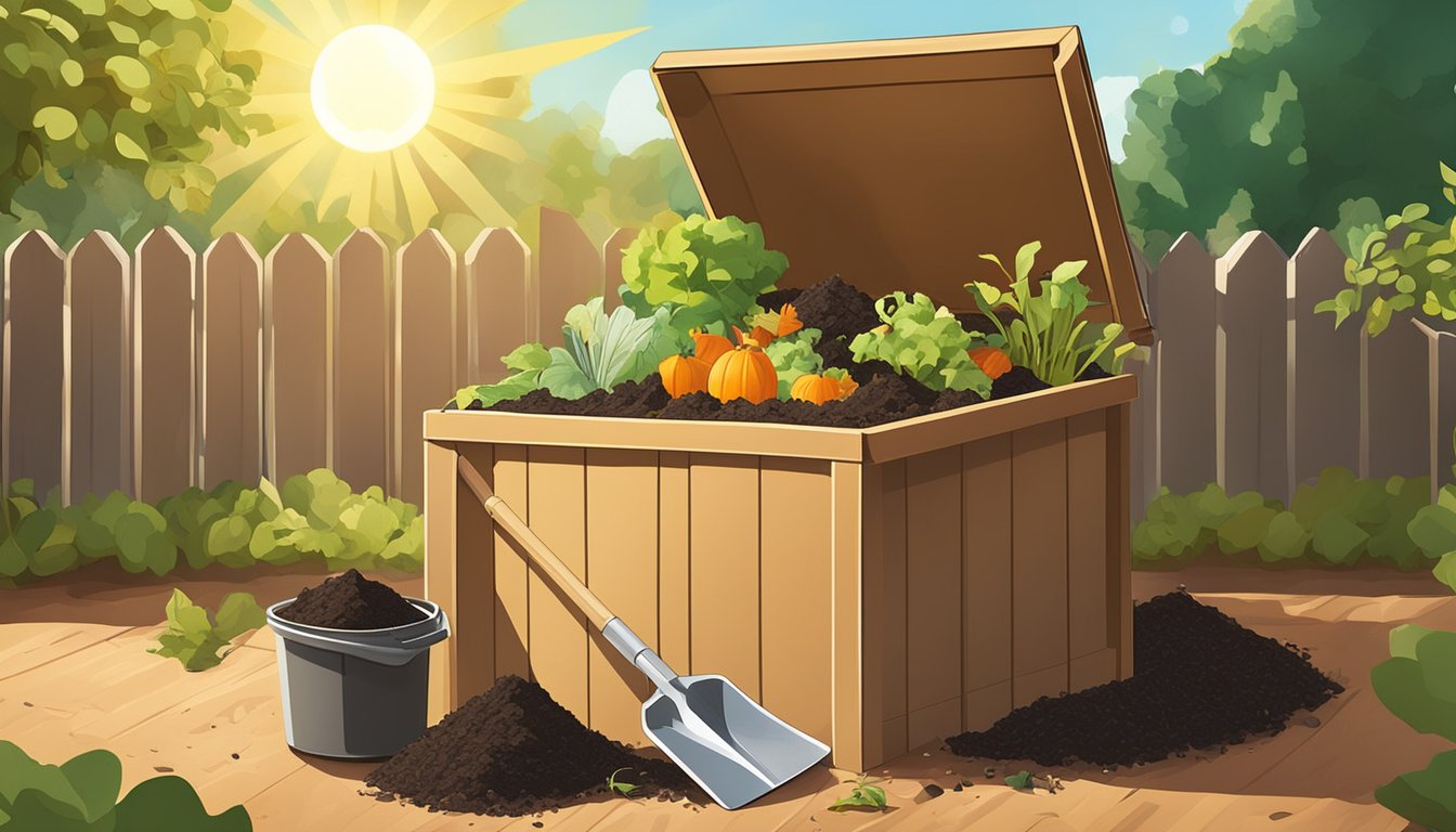 A backyard compost bin surrounded by various organic waste materials, with a shovel and gardening gloves nearby. The sun shines down on the compost pile, and a small garden can be seen in the background