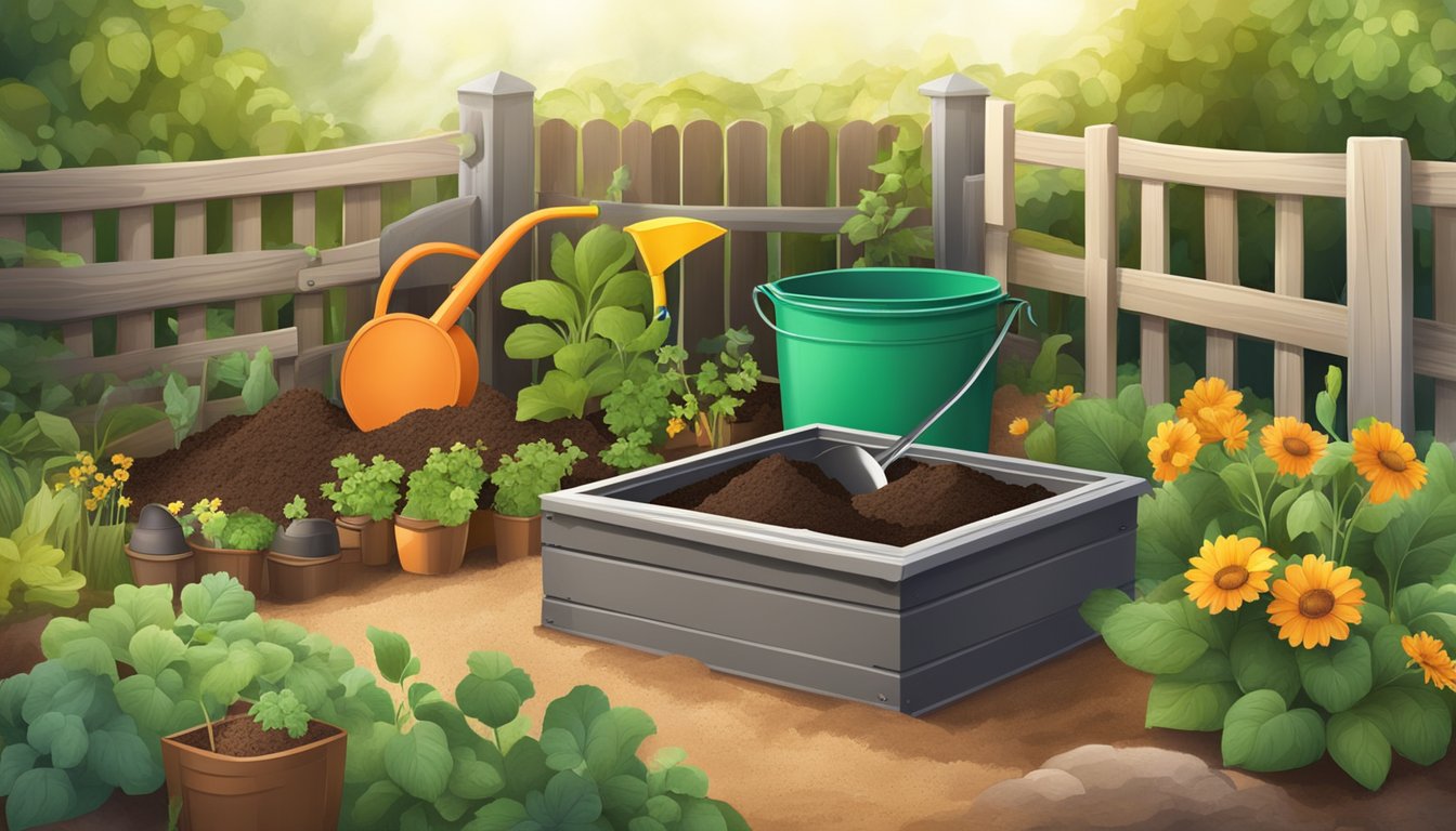 A backyard compost bin surrounded by various organic materials, with a shovel and watering can nearby. A small garden in the background