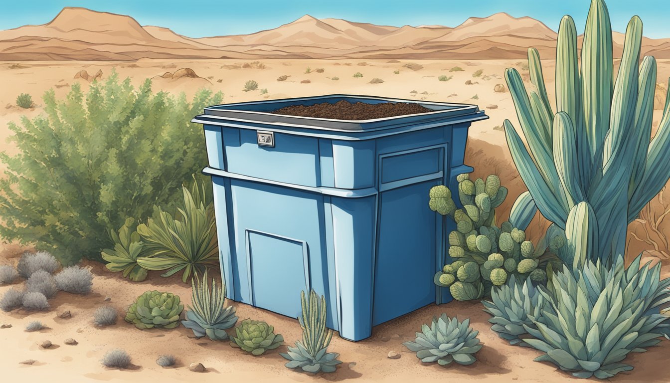 A backyard compost bin surrounded by desert plants and a blue sky in Albuquerque, NM