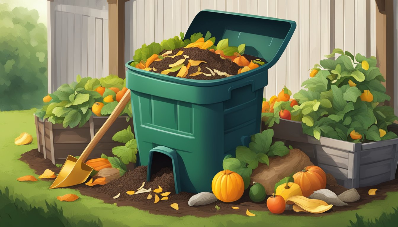 A backyard compost bin surrounded by a variety of organic materials such as fruit peels, vegetable scraps, and yard waste. A shovel and gardening gloves are nearby