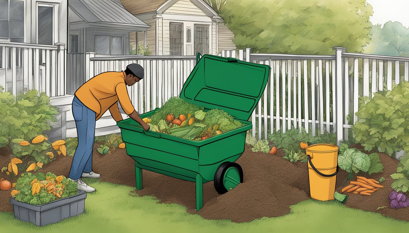 A person placing food scraps and yard waste into a compost bin in a backyard garden in Rochester, NY