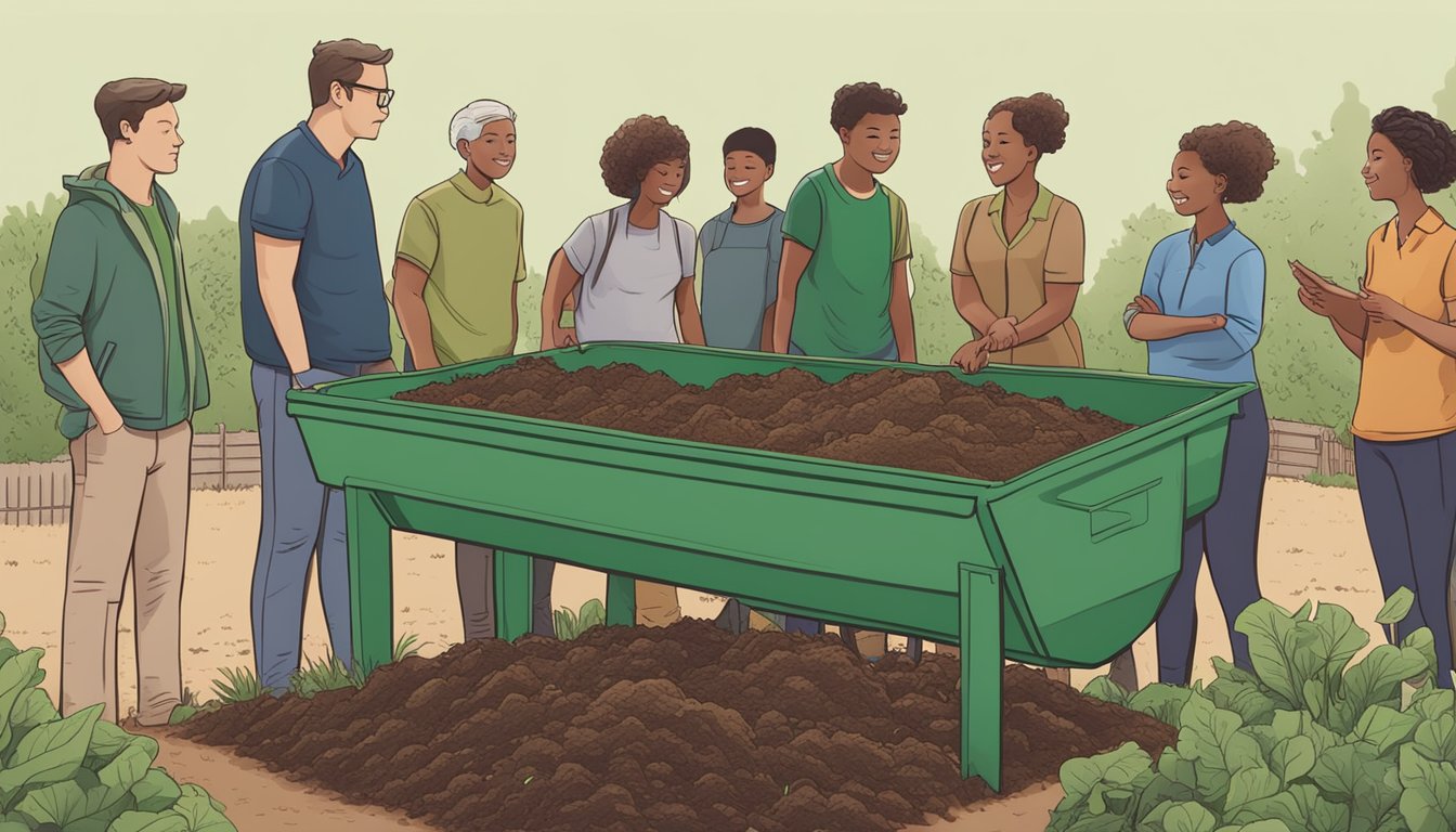 A group of people gather around a composting bin in a community garden, learning about the process as a teacher explains it to them