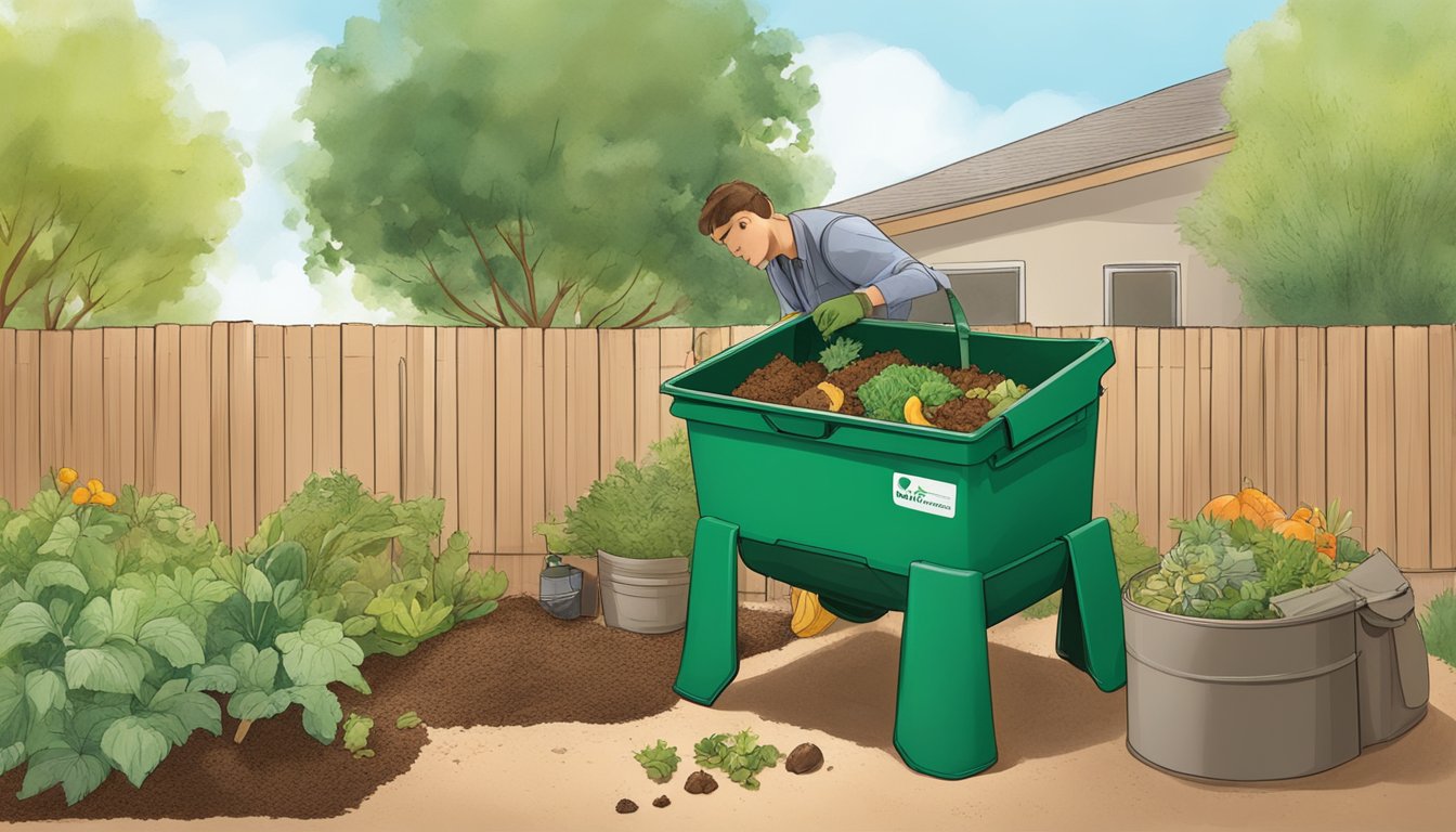 A person adding food scraps and yard waste to a compost bin in a backyard garden in Rio Rancho, NM. The bin is surrounded by greenery and the person is wearing gardening gloves