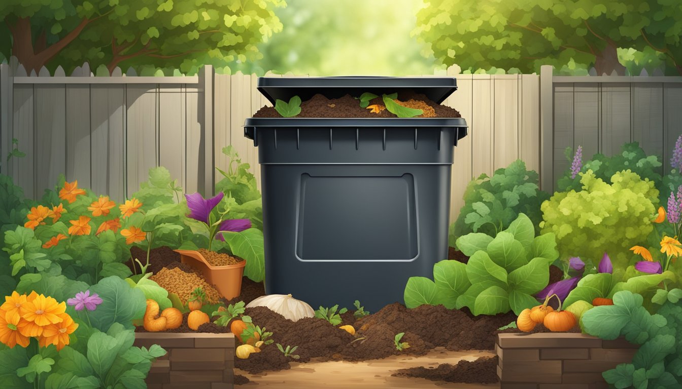 A backyard compost bin surrounded by a variety of organic waste materials, with a lush garden in the background