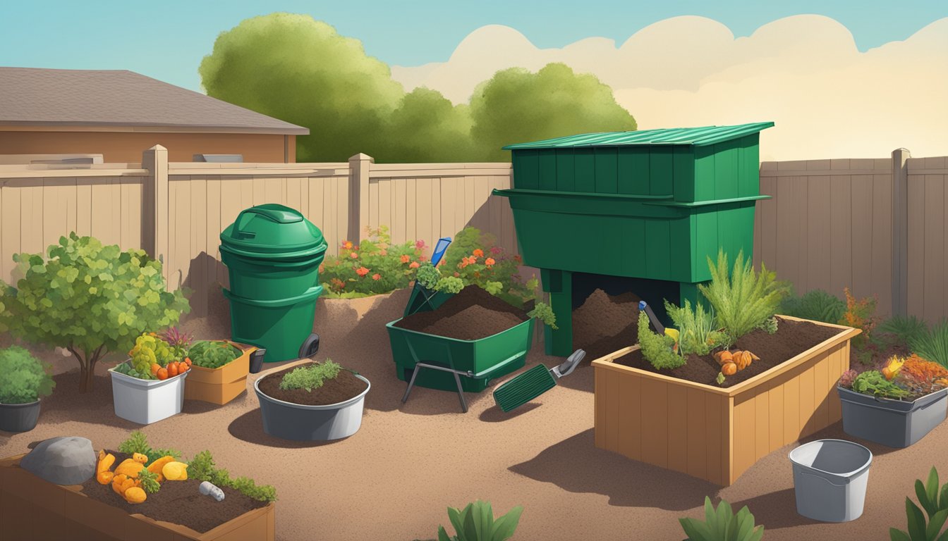 A backyard in Rio Rancho, NM with a compost bin, garden tools, and a variety of organic waste being added to the compost pile