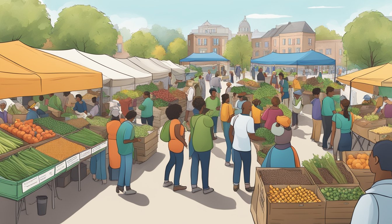 A bustling farmer's market with vendors selling compost bins and educational materials, surrounded by community members exchanging tips and resources