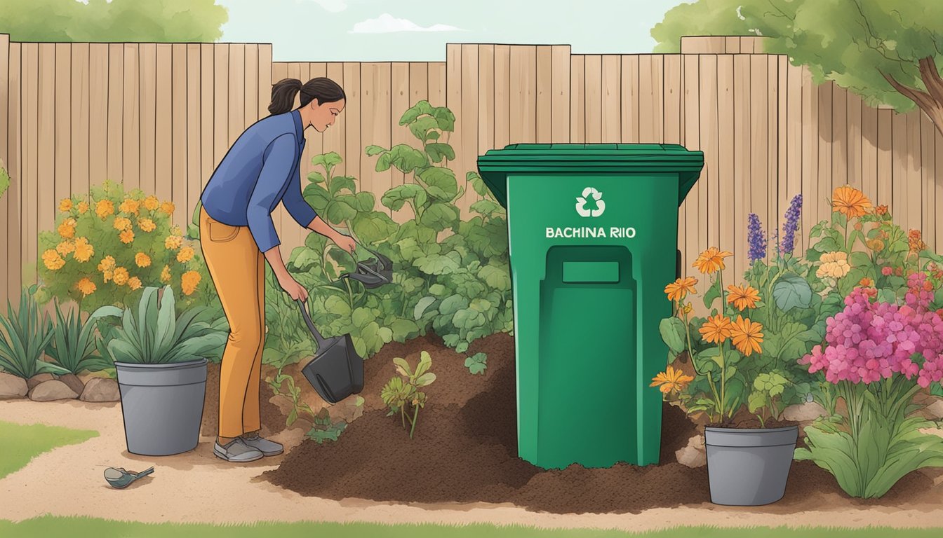 A person adding organic waste to a compost bin in a backyard garden in Rio Rancho, NM. The bin is surrounded by a variety of plants and flowers