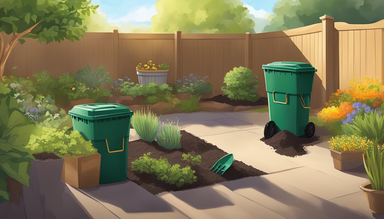 A backyard in Henderson, NV with a compost bin, a shovel, and various organic materials scattered around. Sunshine and greenery in the background