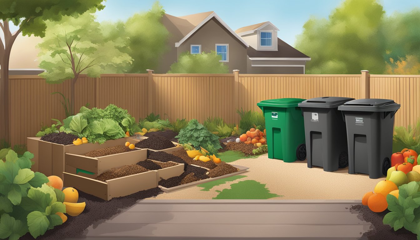 A backyard in Henderson, NV with a compost bin, surrounded by various composting materials such as fruit and vegetable scraps, leaves, and grass clippings