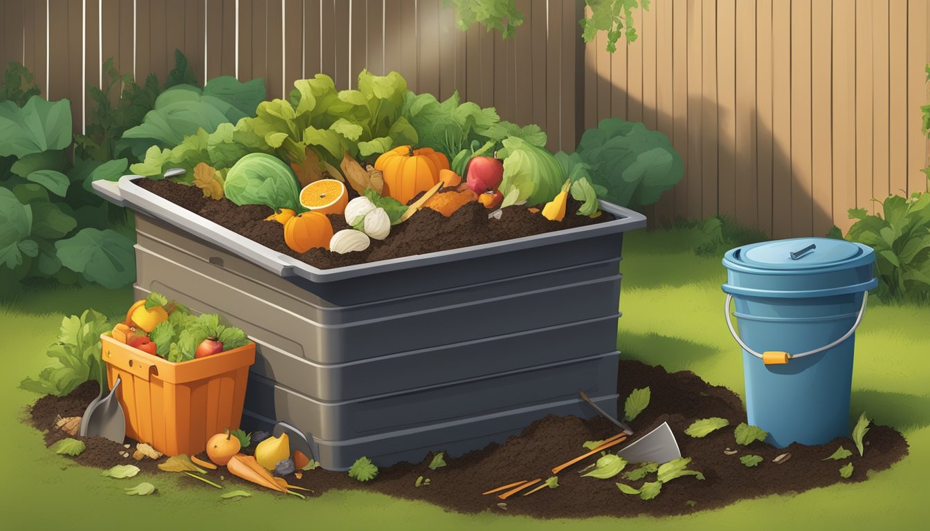 A backyard compost bin surrounded by a variety of organic waste, including fruit and vegetable scraps, leaves, and grass clippings. A shovel and pitchfork are nearby