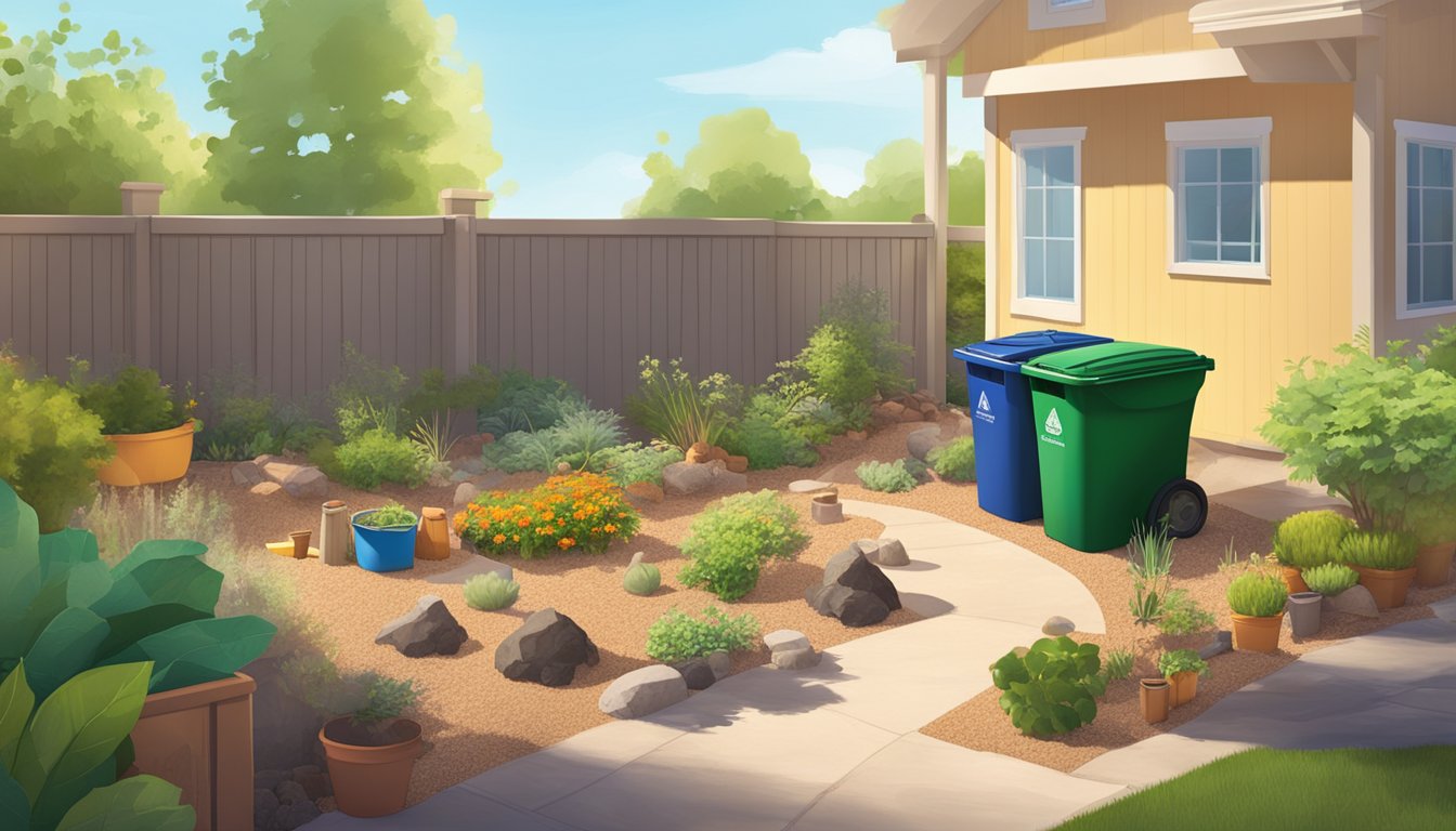 A backyard in Henderson, NV with a compost bin, shovel, and various organic materials scattered around. The sun is shining and a small garden is visible in the background