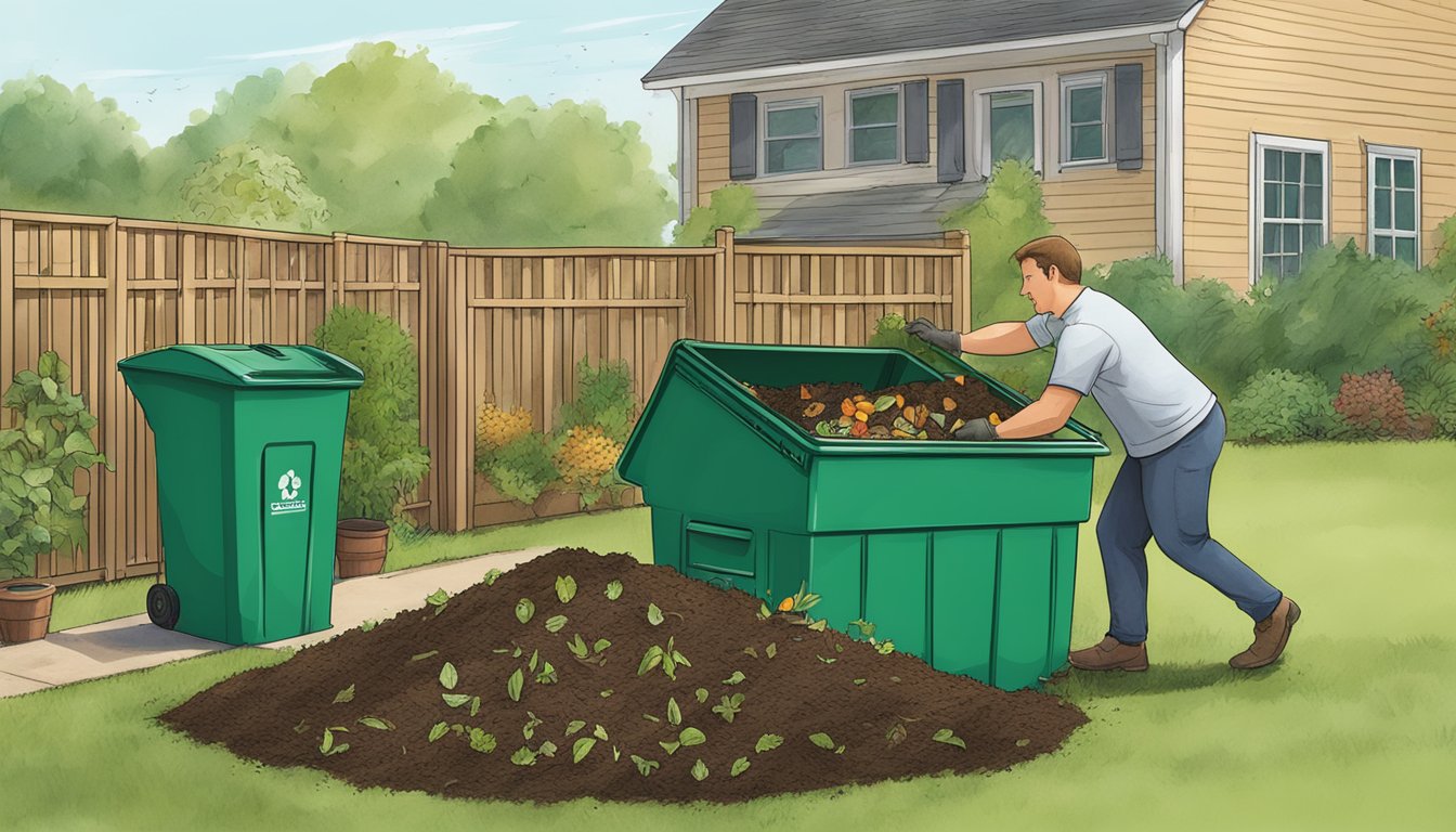 A person placing food scraps and yard waste into a compost bin in a backyard garden in Cincinnati