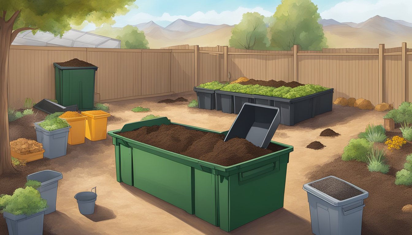 A backyard composting setup with bins, a pitchfork, and various organic materials in Henderson, NV