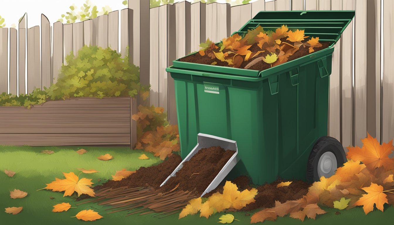 A backyard compost bin with layers of green and brown organic materials, being turned with a pitchfork. Fallen leaves and kitchen scraps are visible