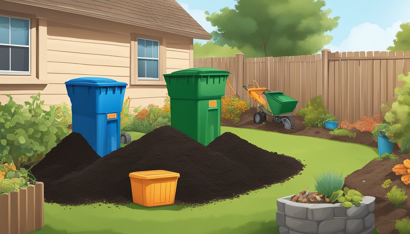 A backyard in Henderson, NV with a compost bin, garden tools, and a variety of organic waste being added to the compost pile