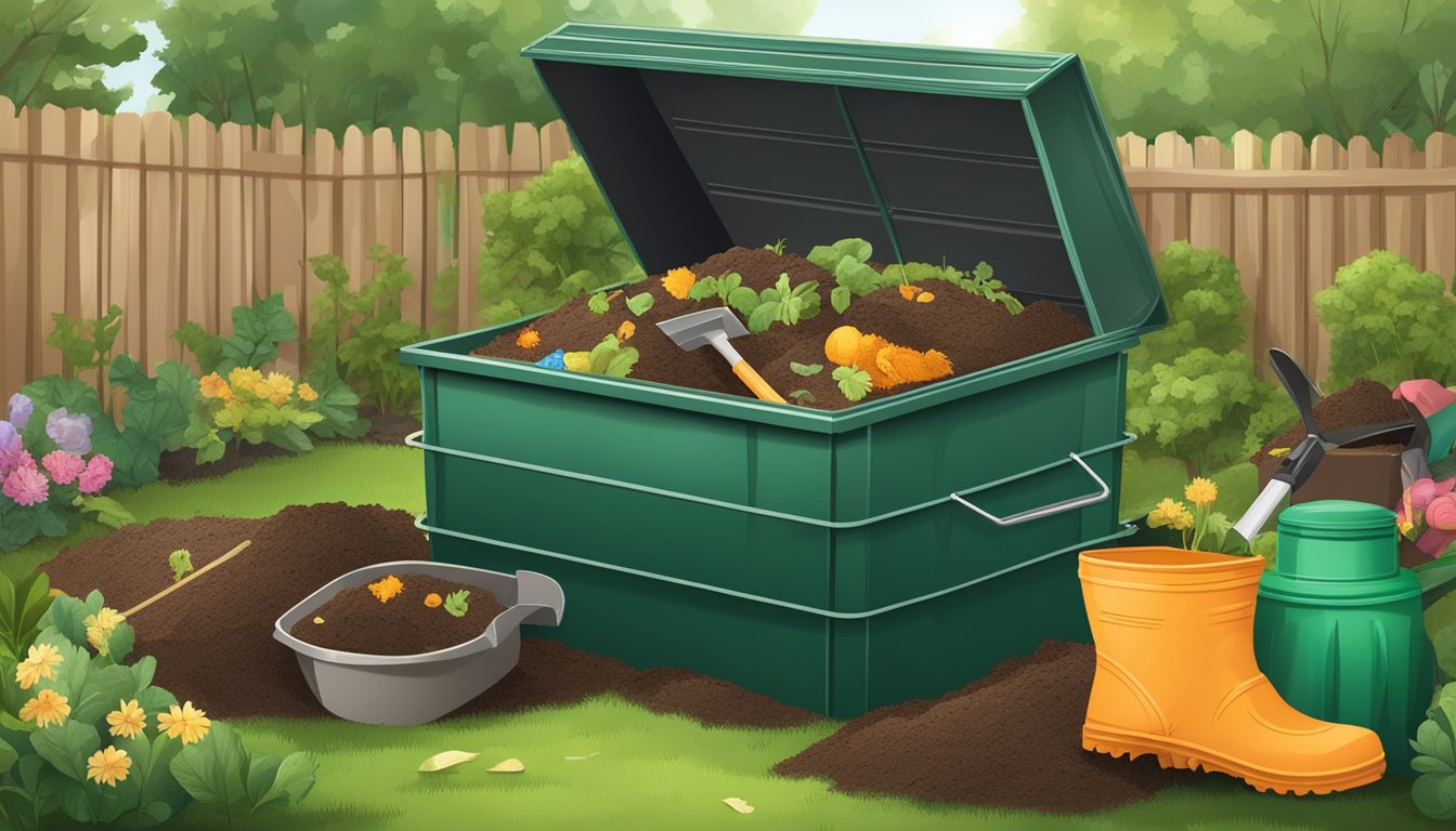 A backyard compost bin surrounded by a variety of organic waste materials, with a shovel and gardening gloves nearby