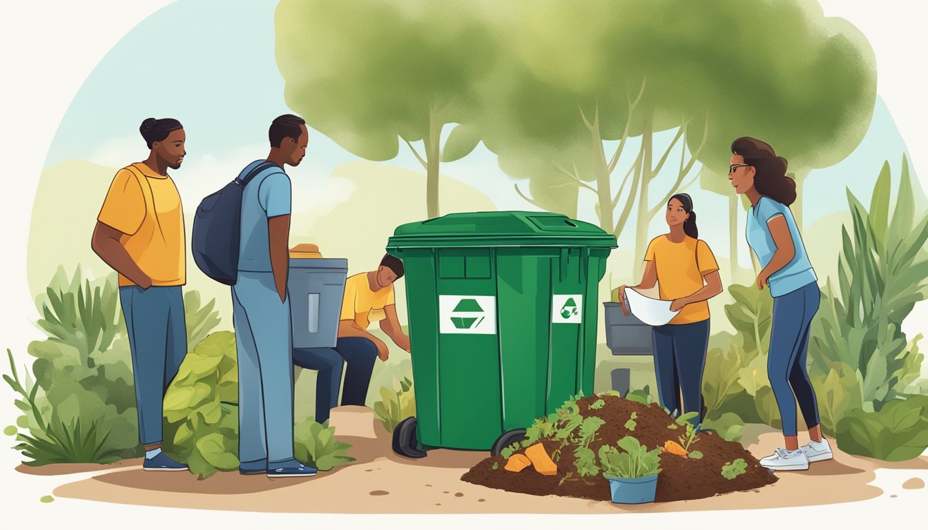 A group of people in Henderson, NV are gathered around a composting bin, discussing community and legal aspects of composting. The bin is surrounded by greenery and recycling bins