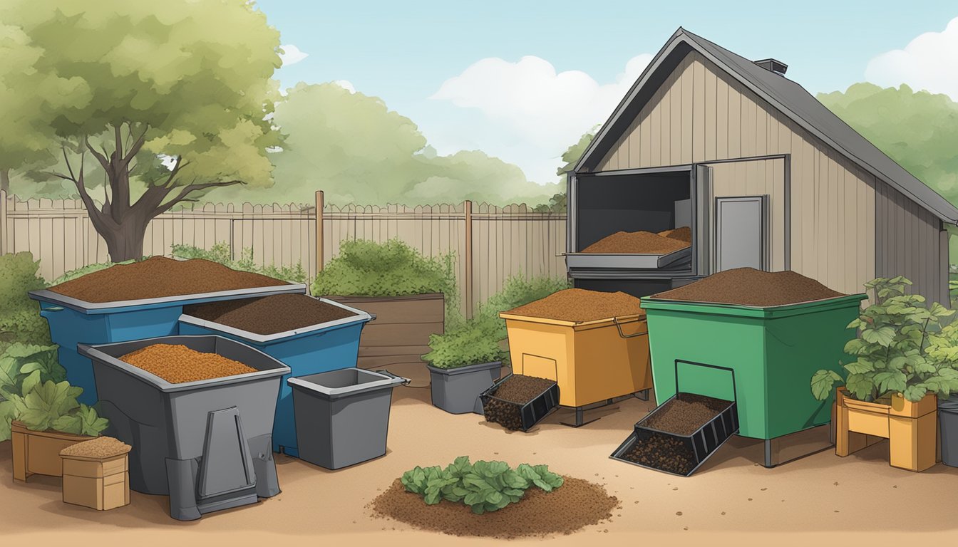 A backyard composting setup with multiple bins and a variety of organic materials being turned and mixed