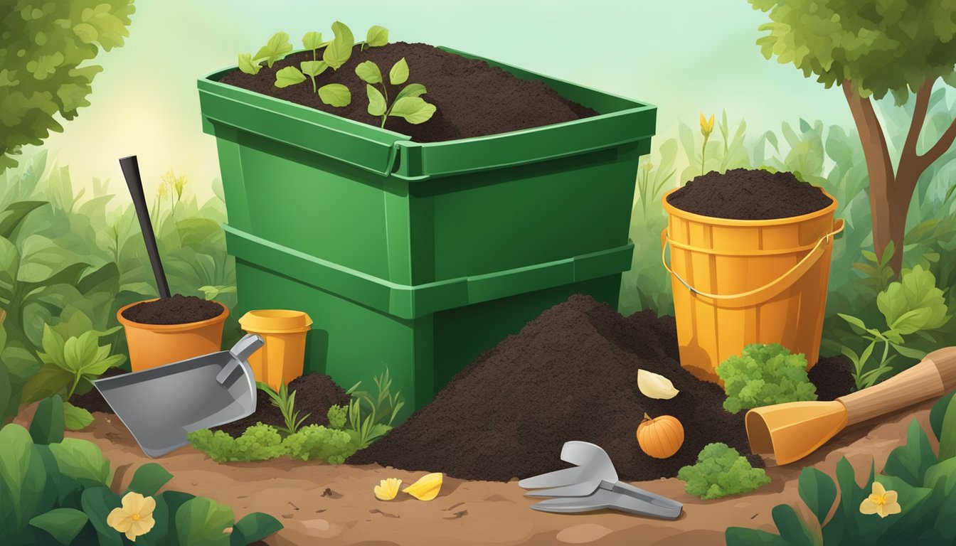 A backyard compost bin surrounded by a variety of organic waste materials, with a small shovel and gardening gloves nearby