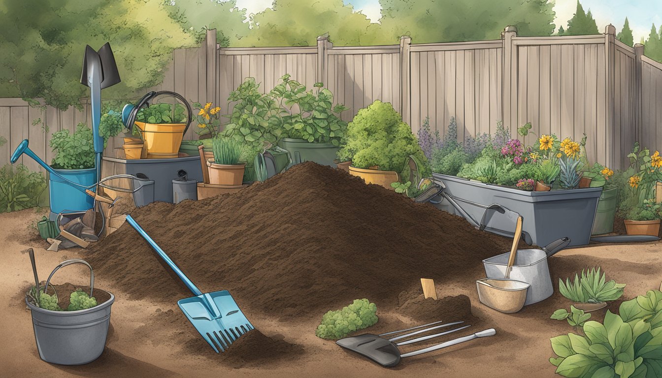 A pile of compost surrounded by gardening tools and a variety of plant materials in a backyard in Reno, NV