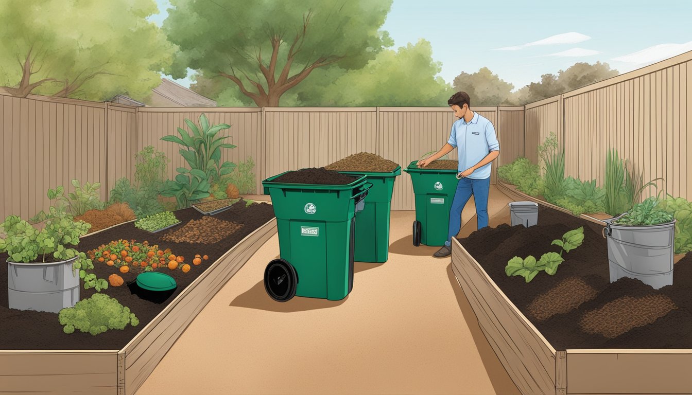 A backyard in Henderson, NV with multiple composting bins, various plant scraps, and a person turning the compost with a pitchfork