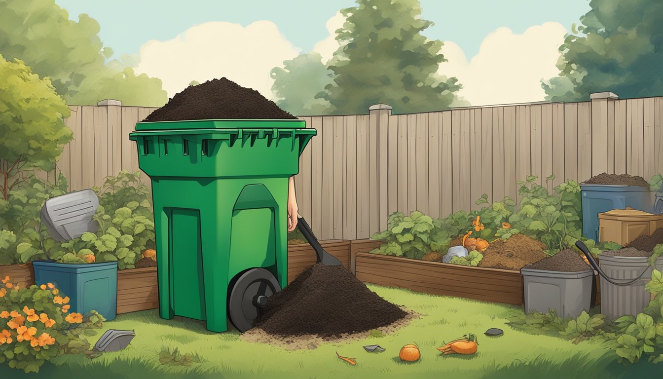 A person composting in a backyard, following Cincinnati's regulations and guidelines. A compost bin, garden tools, and a pile of organic waste are visible