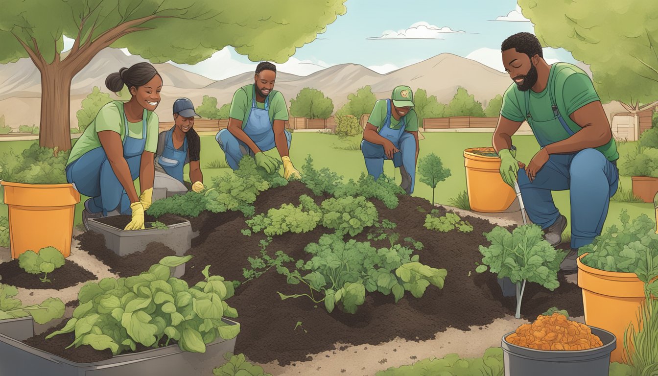 A diverse group of people in Reno, NV work together to compost organic waste, surrounded by greenery and community spirit